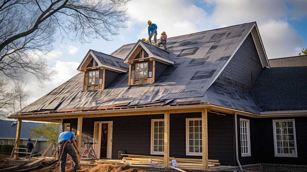 A roofer removes old shingles from a residential roof, revealing the wooden roof deck underneath.