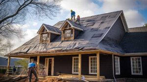 A roofer removes old shingles from a residential roof, revealing the wooden roof deck underneath.